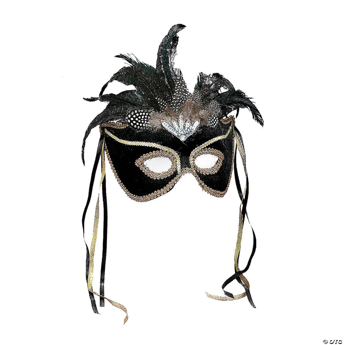 Venetian Masquerade Black with Gold Trim & Feathers Mask